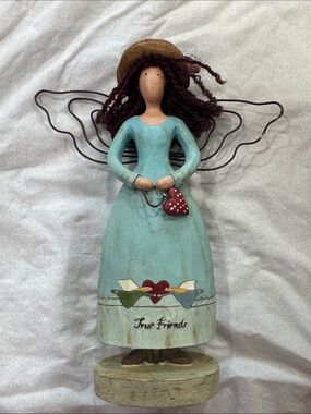 Handcrafted Angel Figurine in Aqua Blue Holding Red Heart